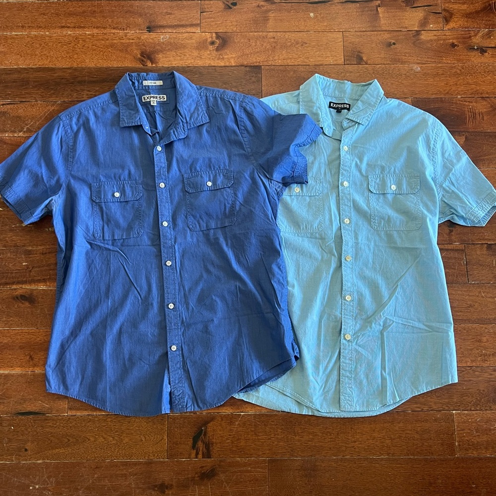2 Express Men's Blue and Light Blue Short Sleeve Shirts